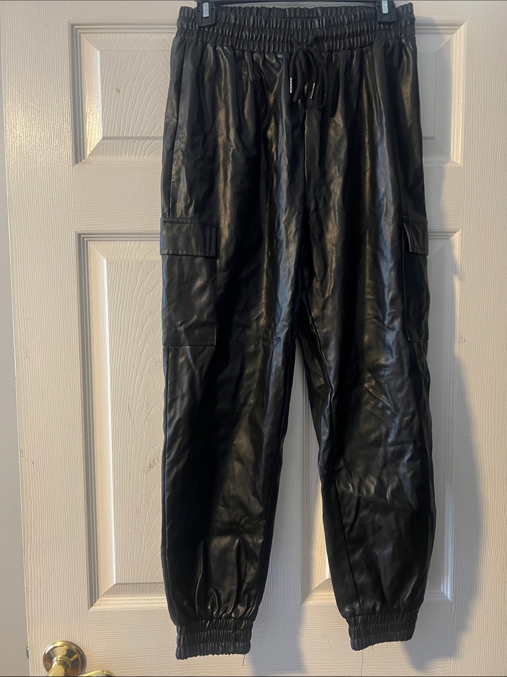 Black Faux Leather Cargo Jogger Pants - Women